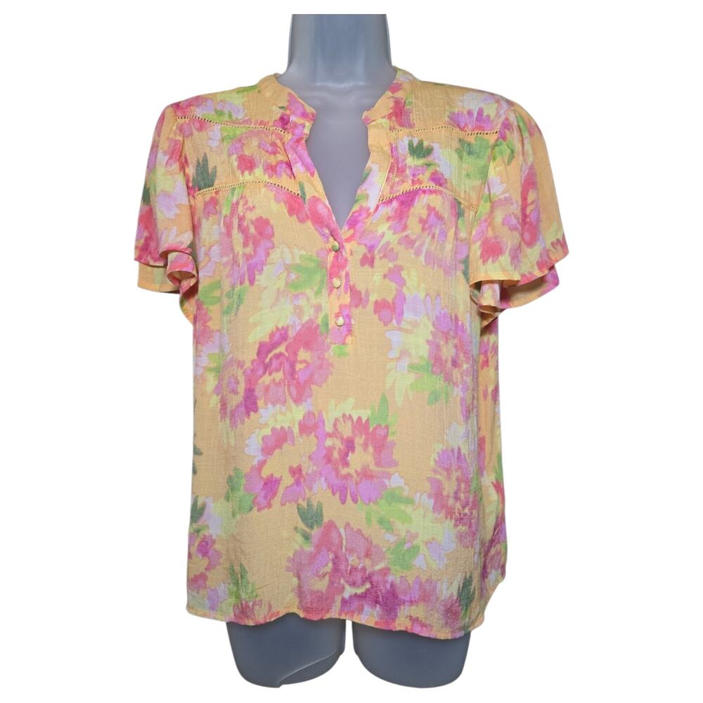 Nanette Lepore XL Pink Orange Floral Short Flutter Sleeve Blouse Spring Summer